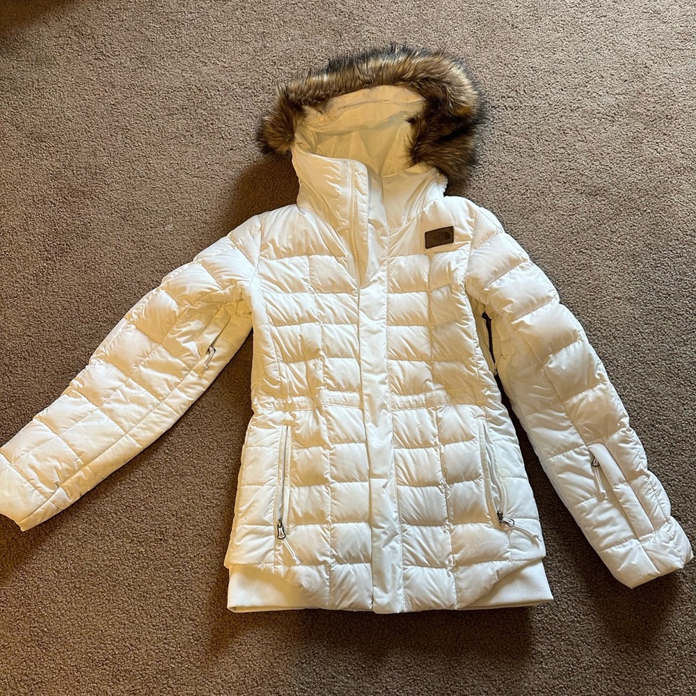 Northface White Puffer Jacket with Faux Fur Hood